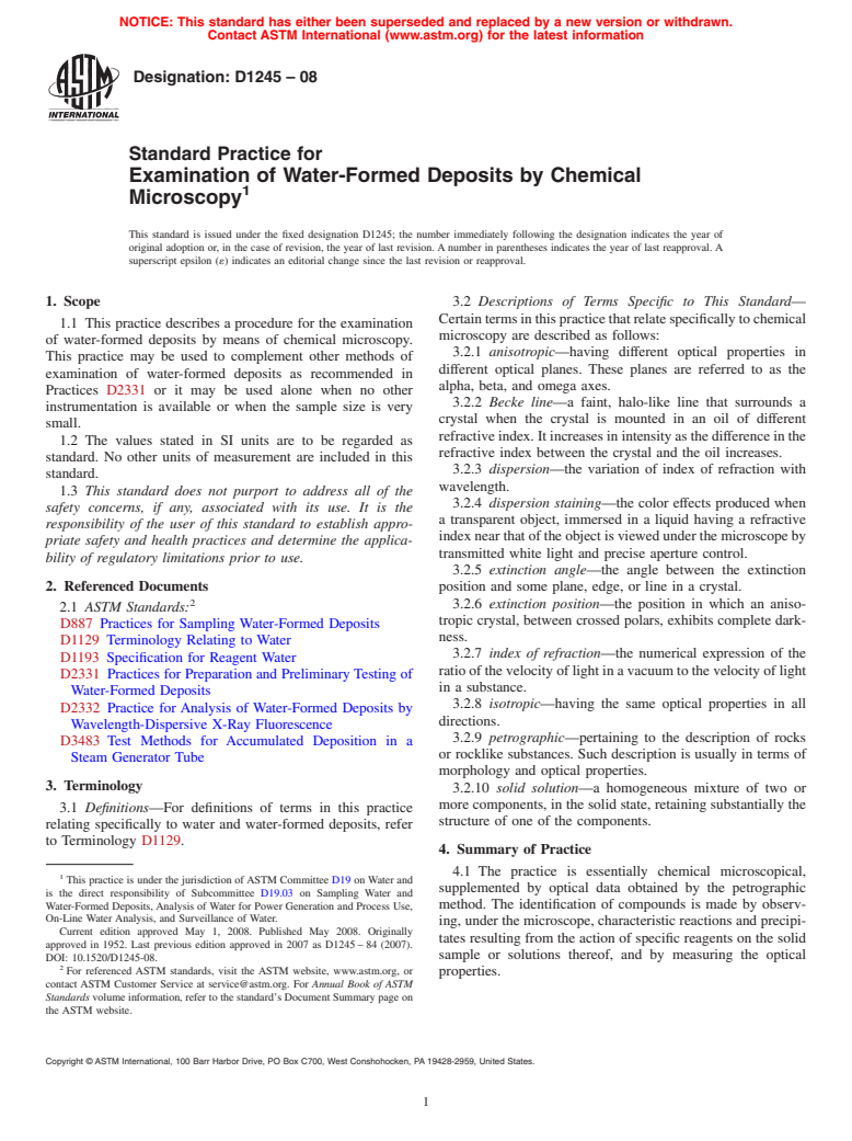 ASTM D1245-08 - Standard Practice for  Examination of Water-Formed Deposits by Chemical Microscopy