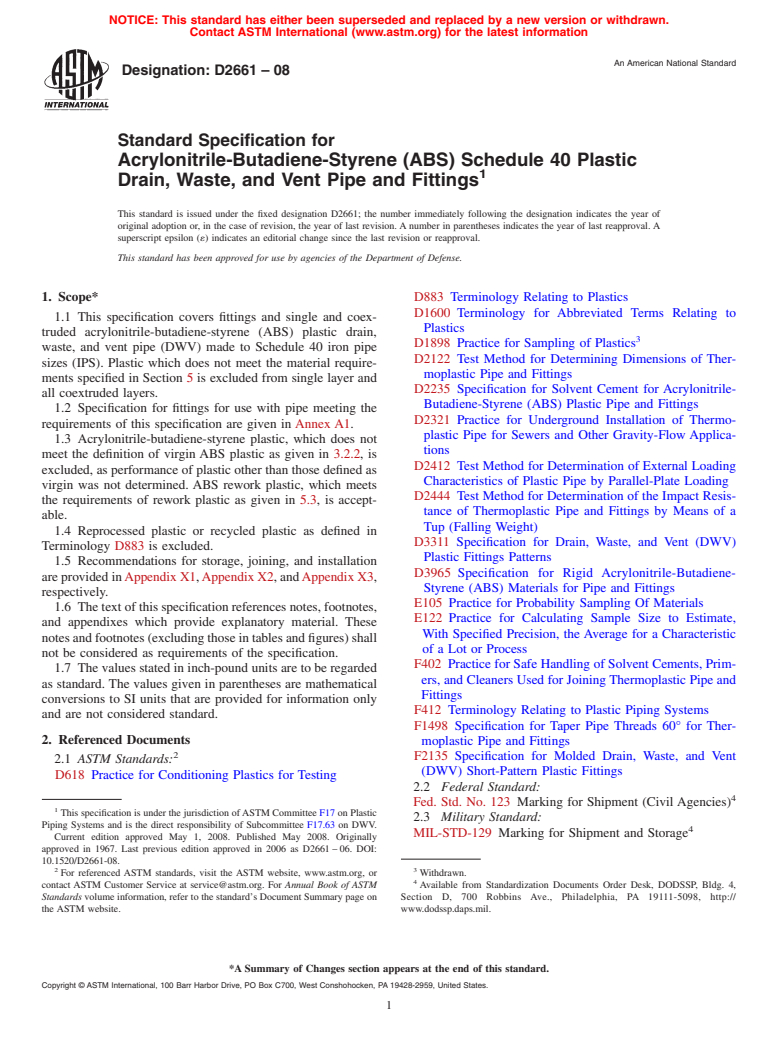 ASTM D2661-08 - Standard Specification for  Acrylonitrile-Butadiene-Styrene (ABS) Schedule 40 Plastic Drain, Waste, and Vent Pipe and Fittings