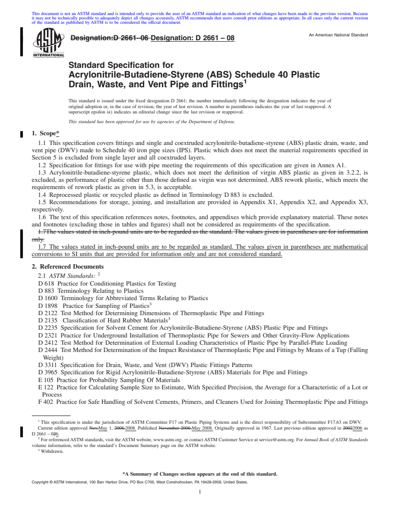 REDLINE ASTM D2661-08 - Standard Specification for  Acrylonitrile-Butadiene-Styrene (ABS) Schedule 40 Plastic Drain, Waste, and Vent Pipe and Fittings