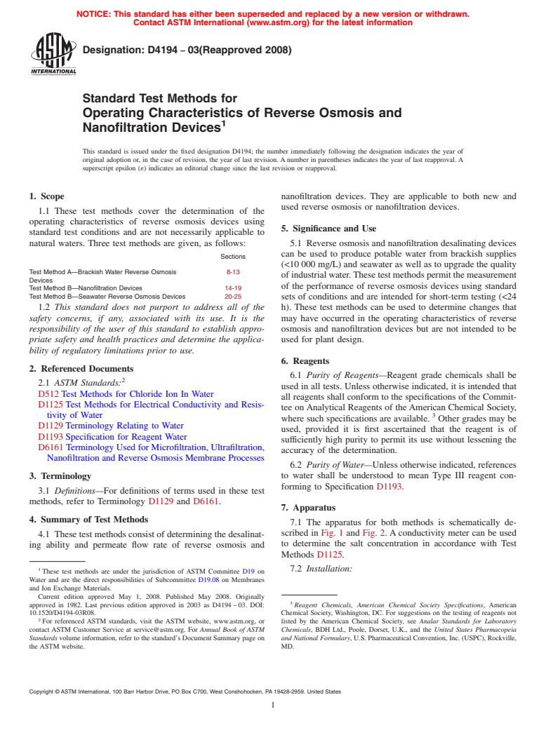 ASTM D4194-03(2008) - Standard Test Methods for  Operating Characteristics of Reverse Osmosis and Nanofiltration Devices