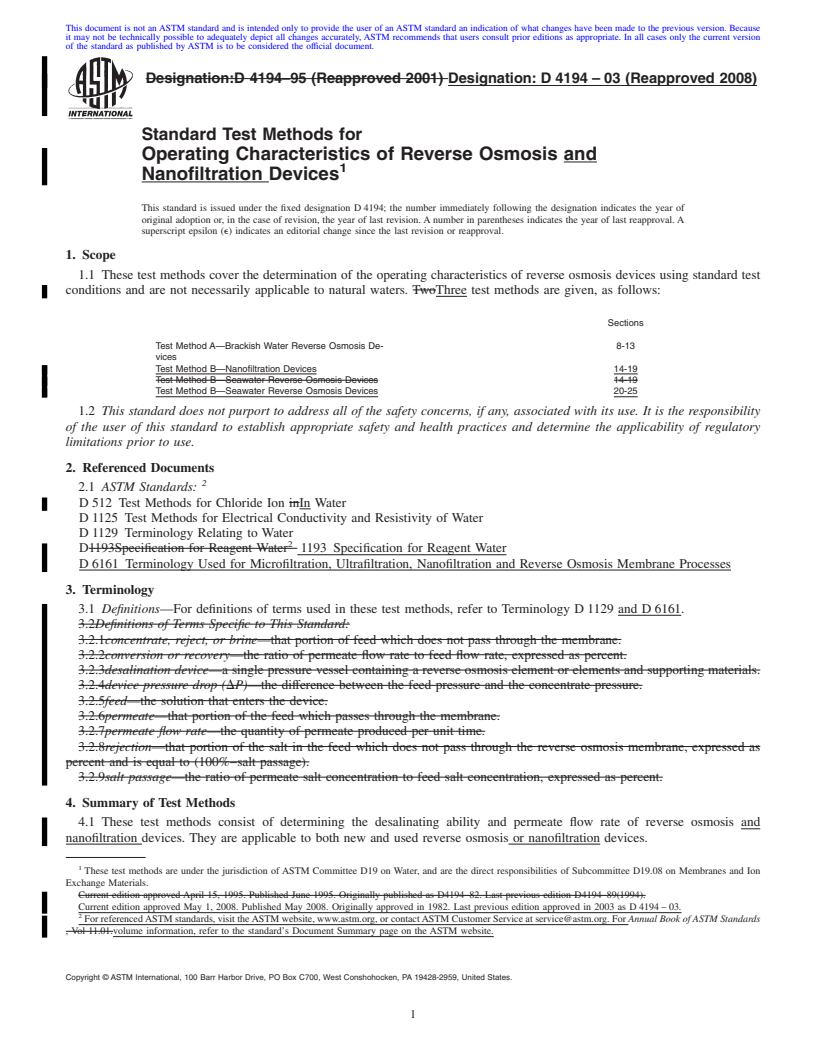 REDLINE ASTM D4194-03(2008) - Standard Test Methods for  Operating Characteristics of Reverse Osmosis and Nanofiltration Devices