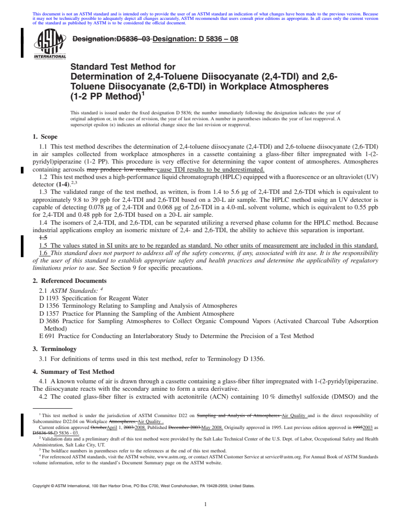 REDLINE ASTM D5836-08 - Standard Test Method for  Determination of 2,4-Toluene Diisocyanate (2,4-TDI) and 2,6-Toluene Diisocyanate (2,6-TDI) in Workplace Atmospheres (1-2 PP Method)