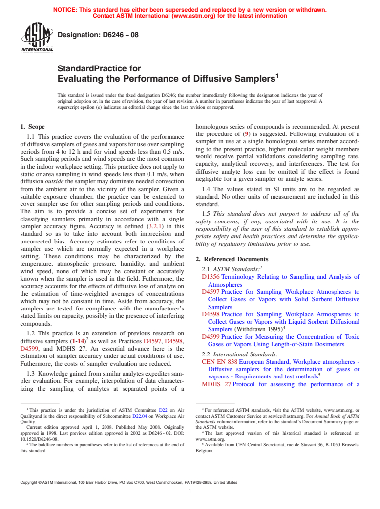 ASTM D6246-08 - Standard Practice for  Evaluating the Performance of Diffusive Samplers