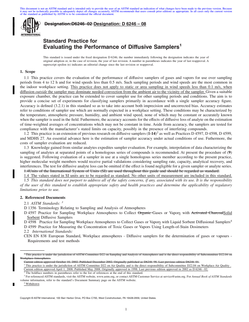 REDLINE ASTM D6246-08 - Standard Practice for  Evaluating the Performance of Diffusive Samplers