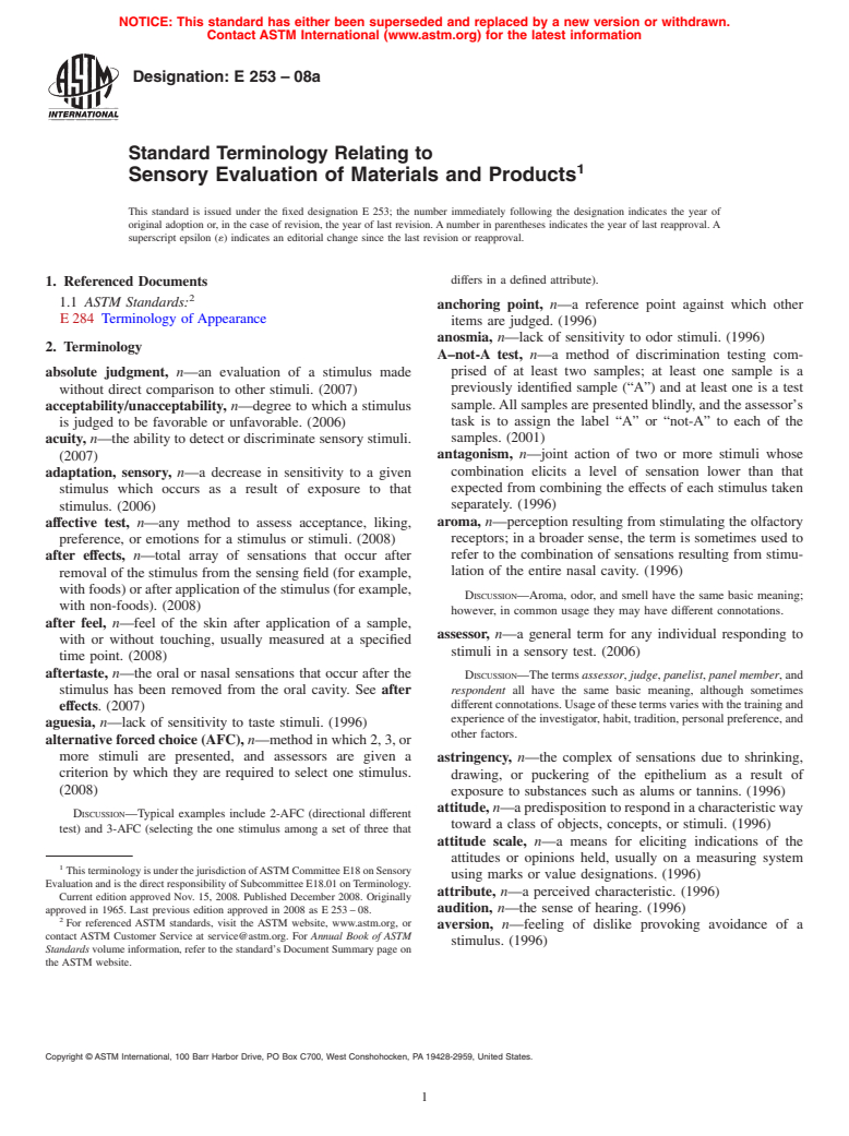 ASTM E253-08 - Standard Terminology Relating to Sensory Evaluation of Materials and Products