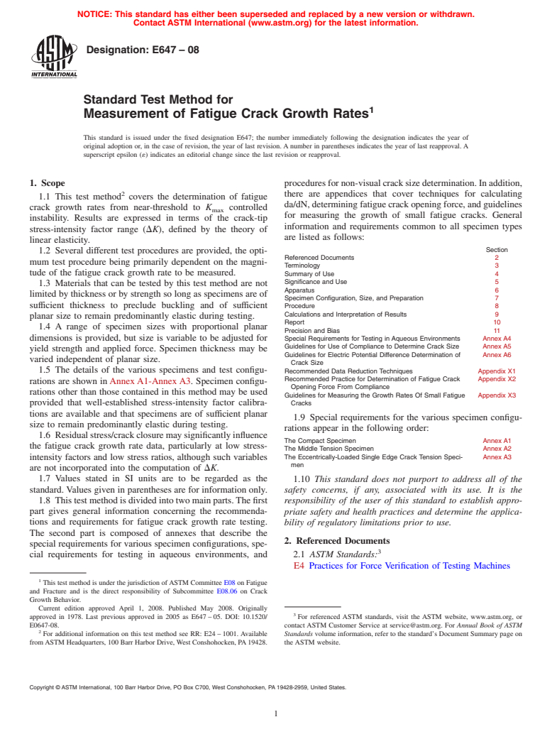 ASTM E647-08 - Standard Test Method for  Measurement of Fatigue Crack Growth Rates