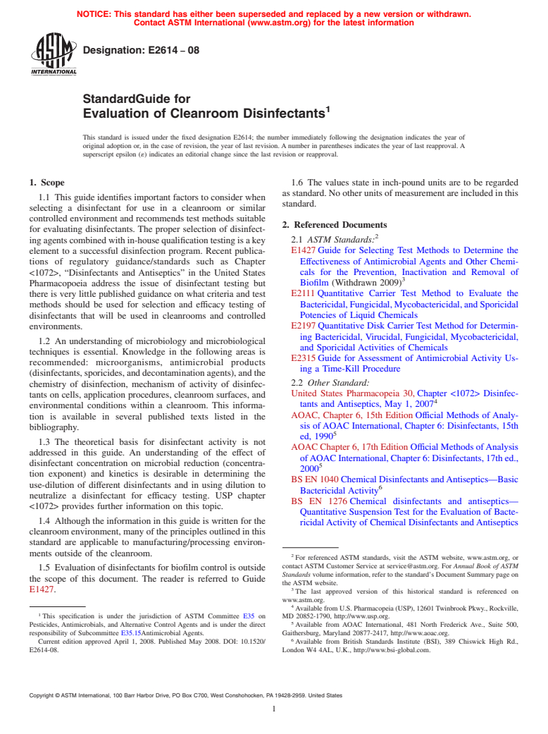 ASTM E2614-08 - Standard Guide for Evaluation of Cleanroom Disinfectants