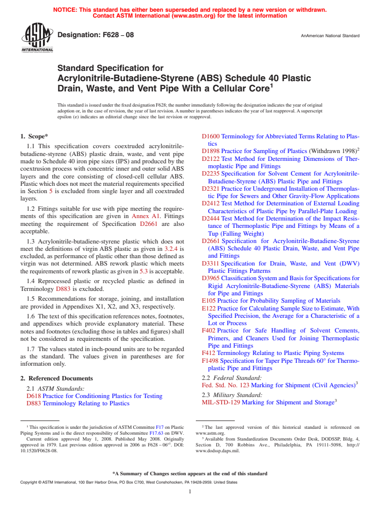 ASTM F628-08 - Standard Specification for  Acrylonitrile-Butadiene-Styrene (ABS) Schedule 40 Plastic Drain, Waste, and Vent Pipe With a Cellular Core