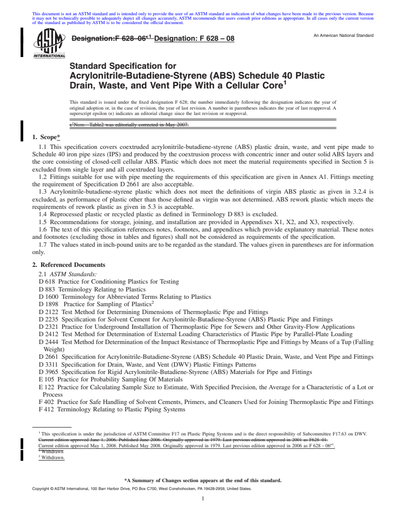 REDLINE ASTM F628-08 - Standard Specification for  Acrylonitrile-Butadiene-Styrene (ABS) Schedule 40 Plastic Drain, Waste, and Vent Pipe With a Cellular Core