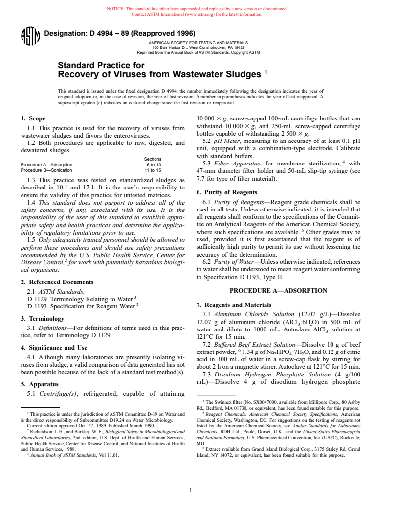 ASTM D4994-89(1996) - Standard Practice for Recovery of Viruses from Wastewater Sludges