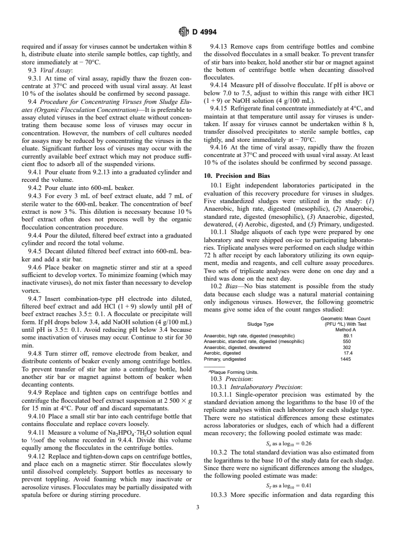 ASTM D4994-89(1996) - Standard Practice for Recovery of Viruses from Wastewater Sludges