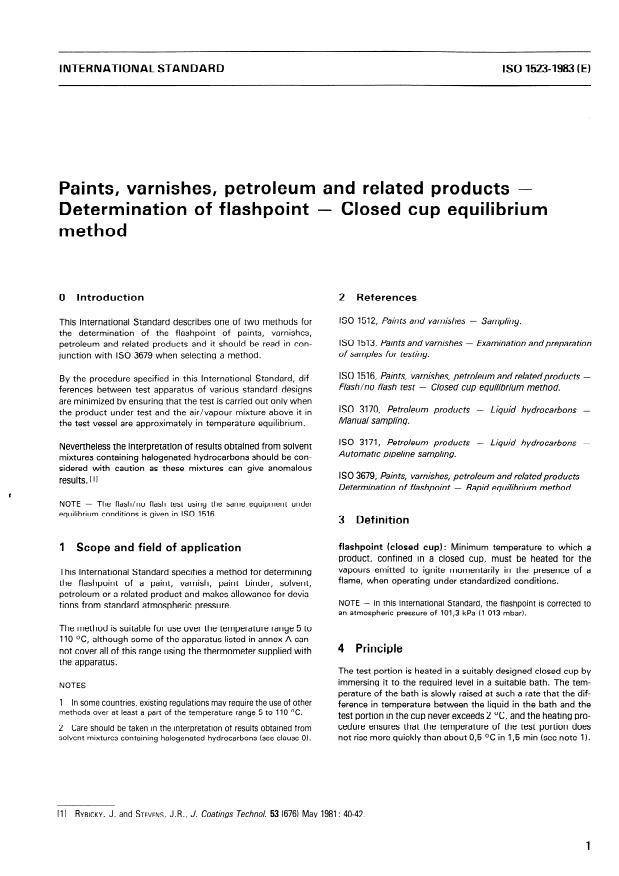 ISO 1523:1983 - Paints, varnishes, petroleum and related products -- Determination of flashpoint -- Closed cup equilibrium method