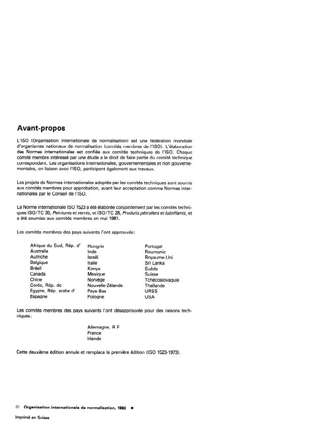 ISO 1523:1983 ISO 1523:1983 - Peintures, vernis, pétrole et produits assimilés -- Détermination du point d'éclair -- Méthode a l'équilibre en vase clos - Page 2 preview