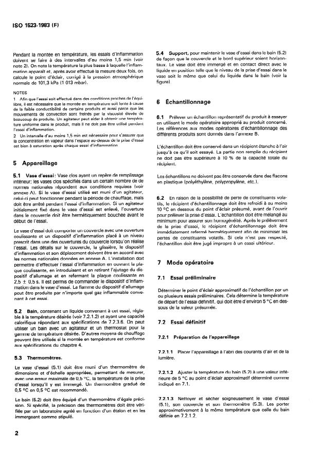 ISO 1523:1983 ISO 1523:1983 - Peintures, vernis, pétrole et produits assimilés -- Détermination du point d'éclair -- Méthode a l'équilibre en vase clos - Page 4 preview