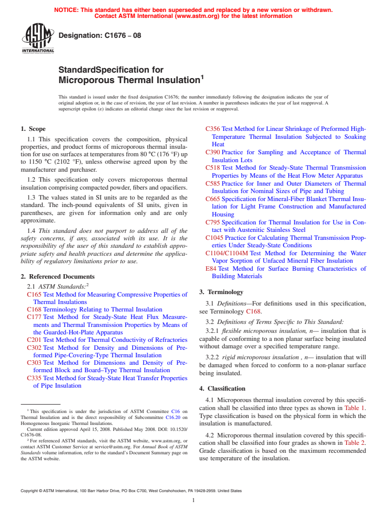 ASTM C1676-08 - Standard Specification for Microporous Thermal Insulation