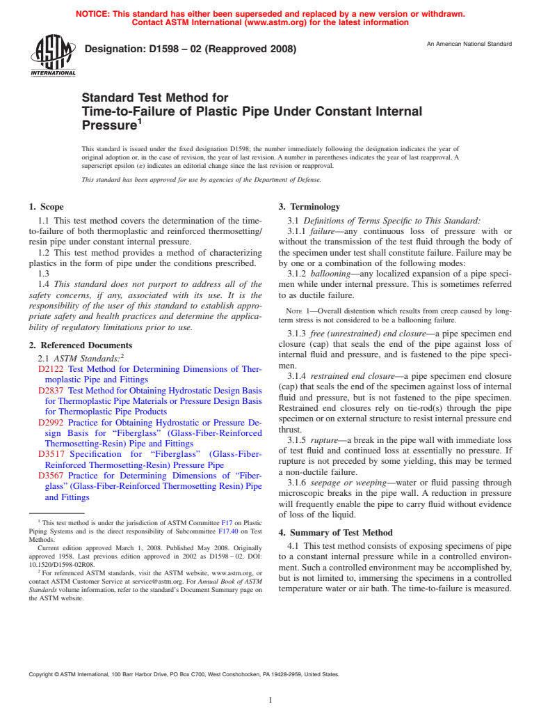 ASTM D1598-02(2008) - Standard Test Method for  Time-to-Failure of Plastic Pipe Under Constant Internal Pressure