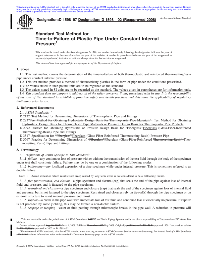 REDLINE ASTM D1598-02(2008) - Standard Test Method for  Time-to-Failure of Plastic Pipe Under Constant Internal Pressure