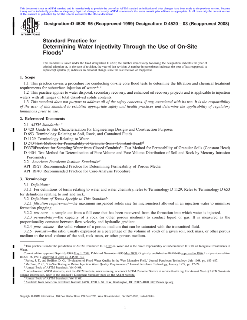 REDLINE ASTM D4520-03(2008) - Standard Practice for  Determining Water Injectivity Through the Use of On-Site Floods