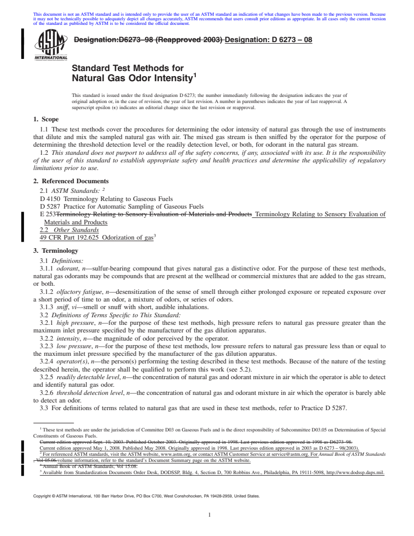 REDLINE ASTM D6273-08 - Standard Test Methods for Natural Gas Odor Intensity