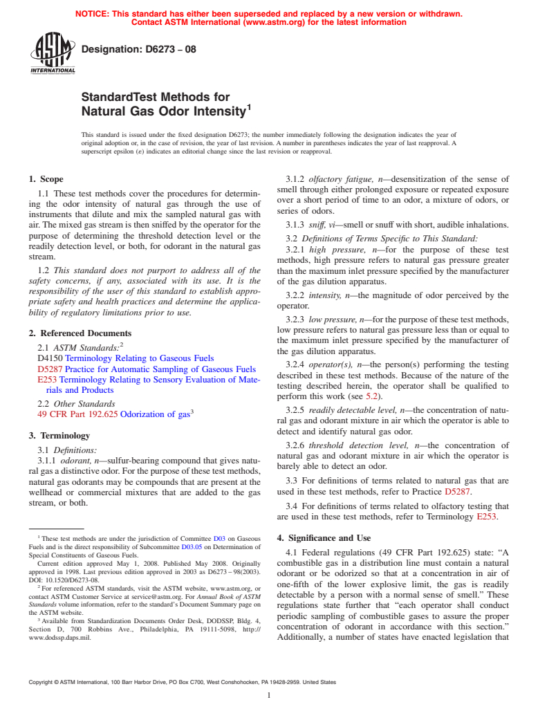 ASTM D6273-08 - Standard Test Methods for Natural Gas Odor Intensity