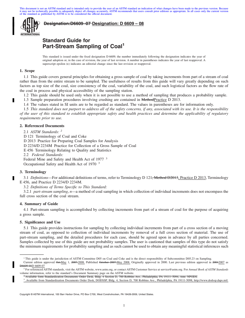 REDLINE ASTM D6609-08 - Standard Guide for Part-Stream Sampling of Coal