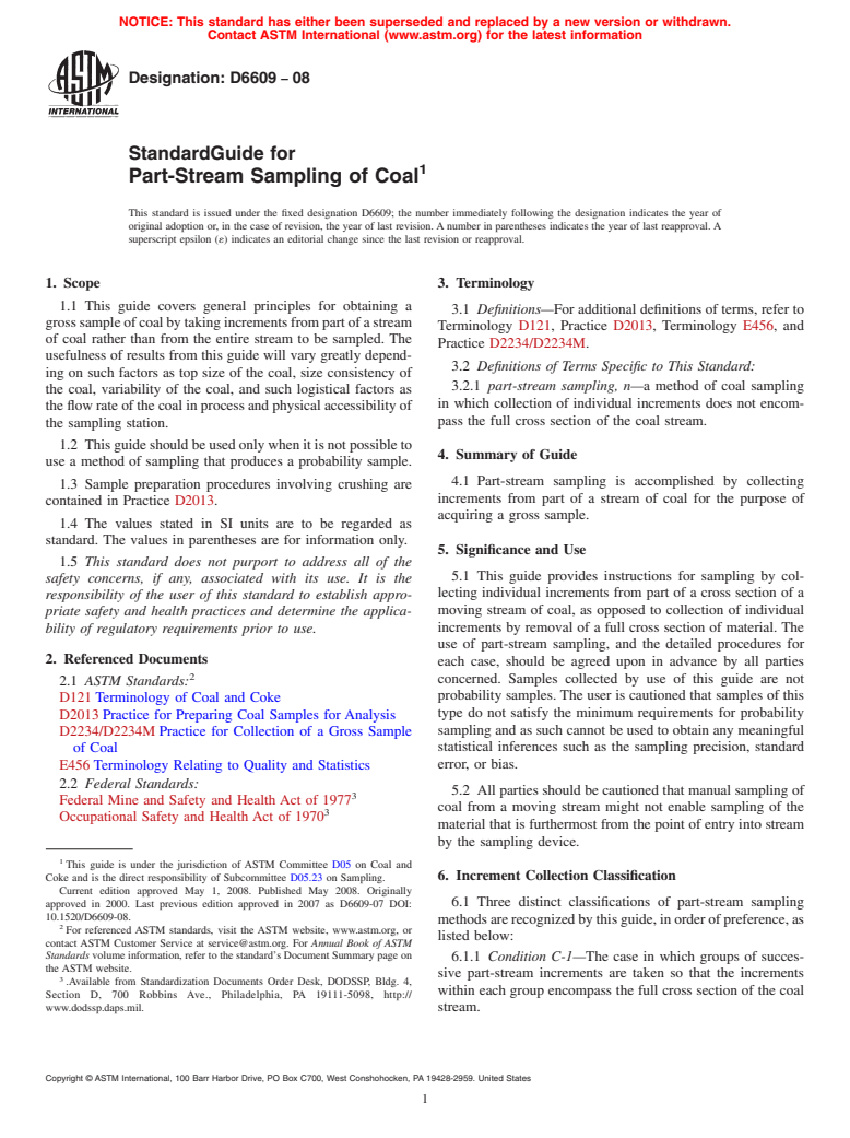 ASTM D6609-08 - Standard Guide for Part-Stream Sampling of Coal