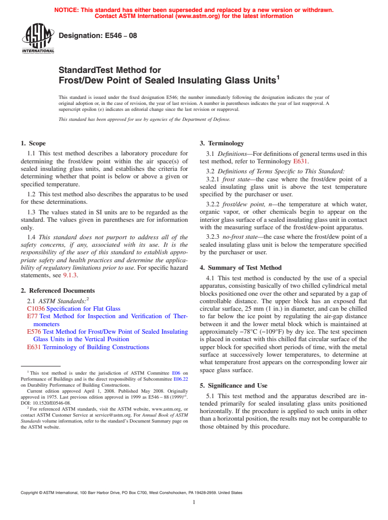 ASTM E546-08 - Standard Test Method for Frost/Dew Point of Sealed Insulating Glass Units