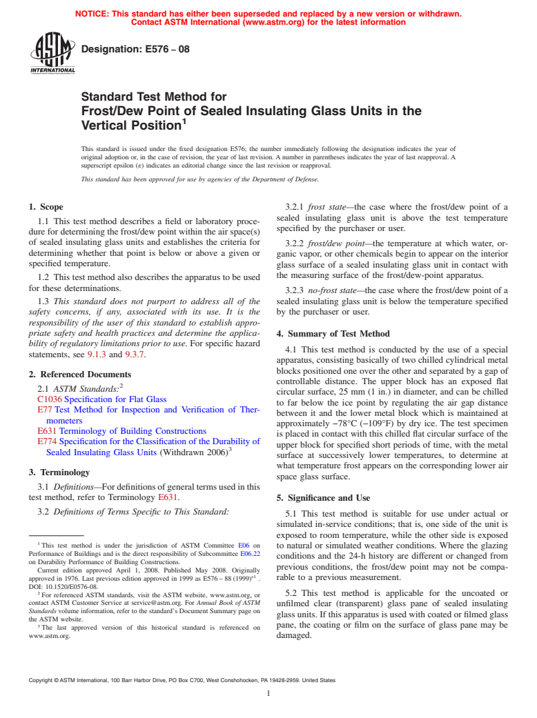 ASTM E576-08 - Standard Test Method for Frost/Dew Point of Sealed Insulating Glass Units in the Vertical Position