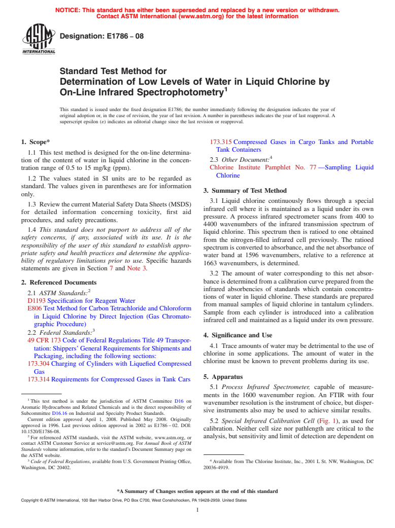 ASTM E1786-08 - Standard Test Method for  Determination of Low Levels of Water in Liquid Chlorine by On-Line Infrared Spectrophotometry