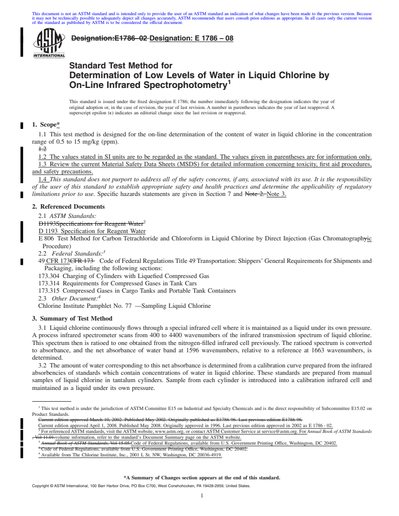 REDLINE ASTM E1786-08 - Standard Test Method for  Determination of Low Levels of Water in Liquid Chlorine by On-Line Infrared Spectrophotometry