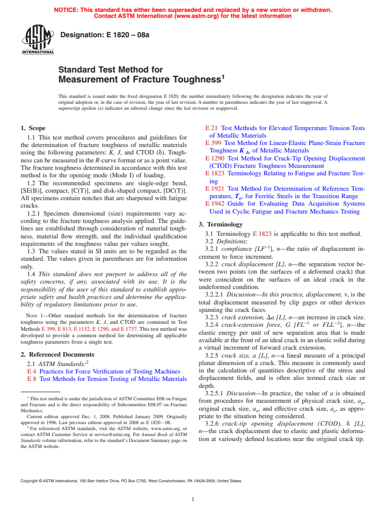 ASTM E1820-08 - Standard Test Method for  Measurement of Fracture Toughness