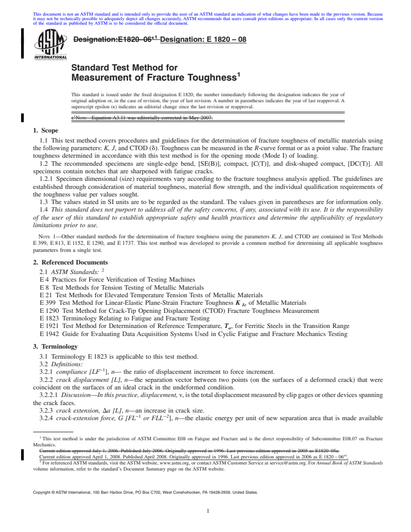 REDLINE ASTM E1820-08 - Standard Test Method for  Measurement of Fracture Toughness