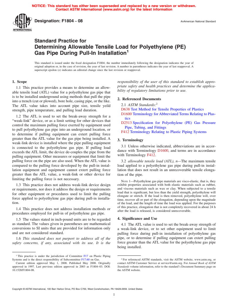 ASTM F1804-08 - Standard Practice for Determining Allowable Tensile Load for Polyethylene (PE) Gas Pipe During Pull-In Installation