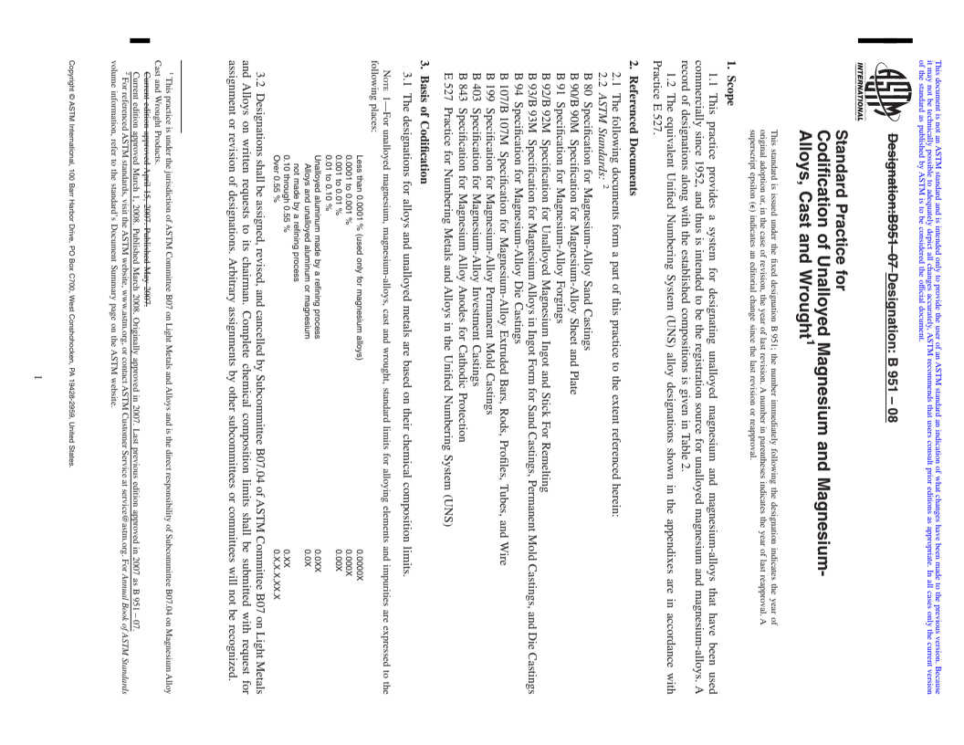 REDLINE ASTM B951-08 - Standard Practice for Codification of Unalloyed Magnesium and Magnesium-Alloys, Cast and Wrought