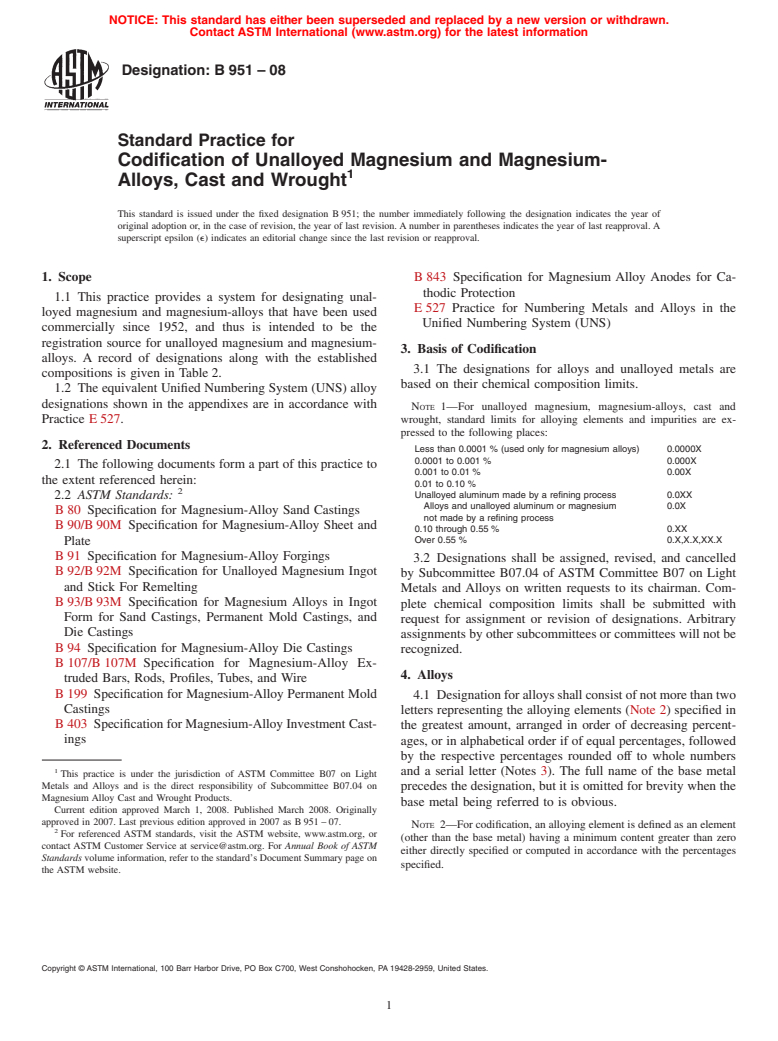 ASTM B951-08 - Standard Practice for Codification of Unalloyed Magnesium and Magnesium-Alloys, Cast and Wrought