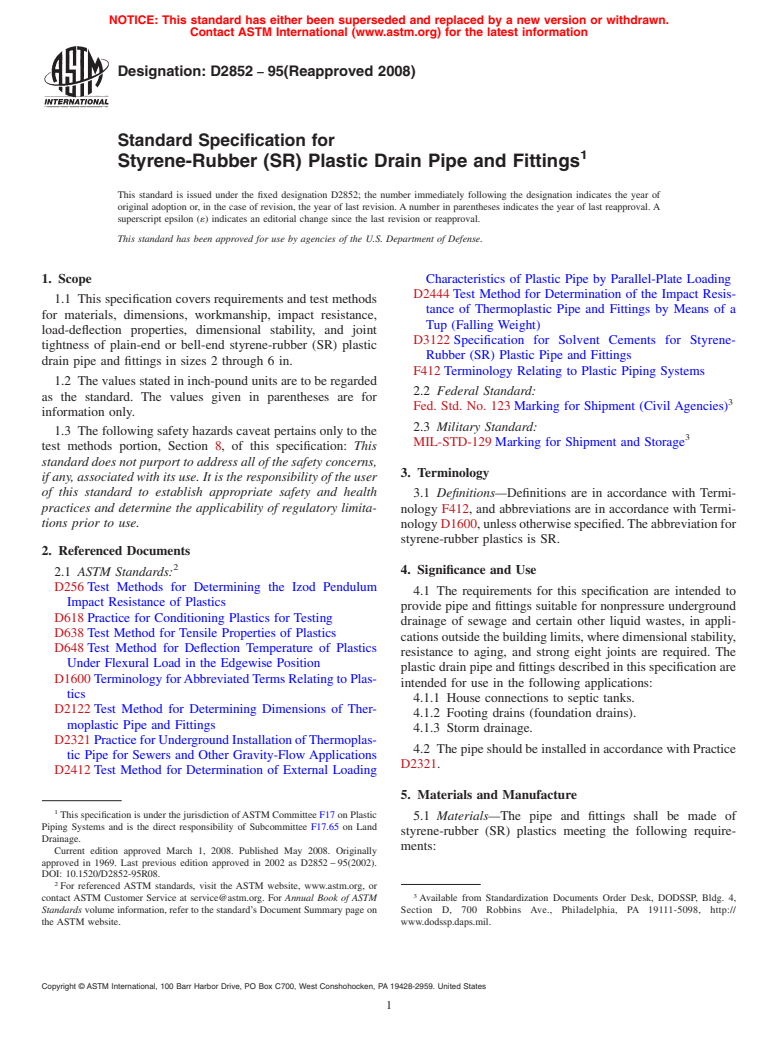 ASTM D2852-95(2008) - Standard Specification for  Styrene-Rubber (SR) Plastic Drain Pipe and Fittings