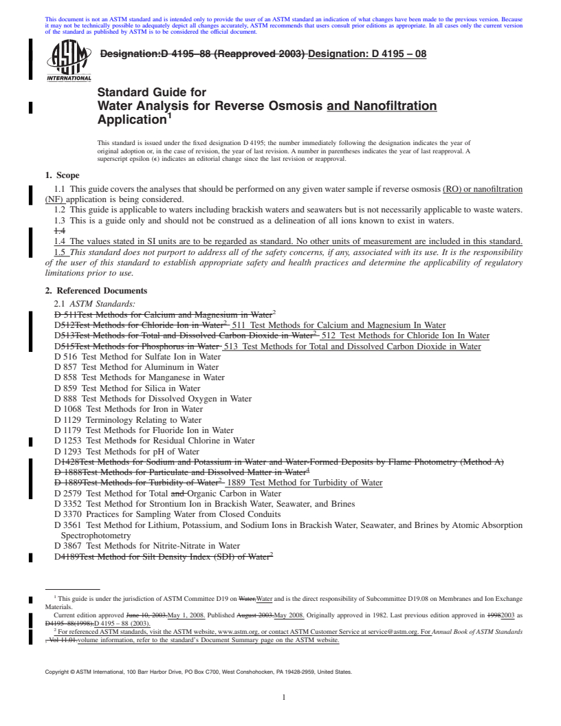 REDLINE ASTM D4195-08 - Standard Guide for  Water Analysis for Reverse Osmosis and Nanofiltration Application