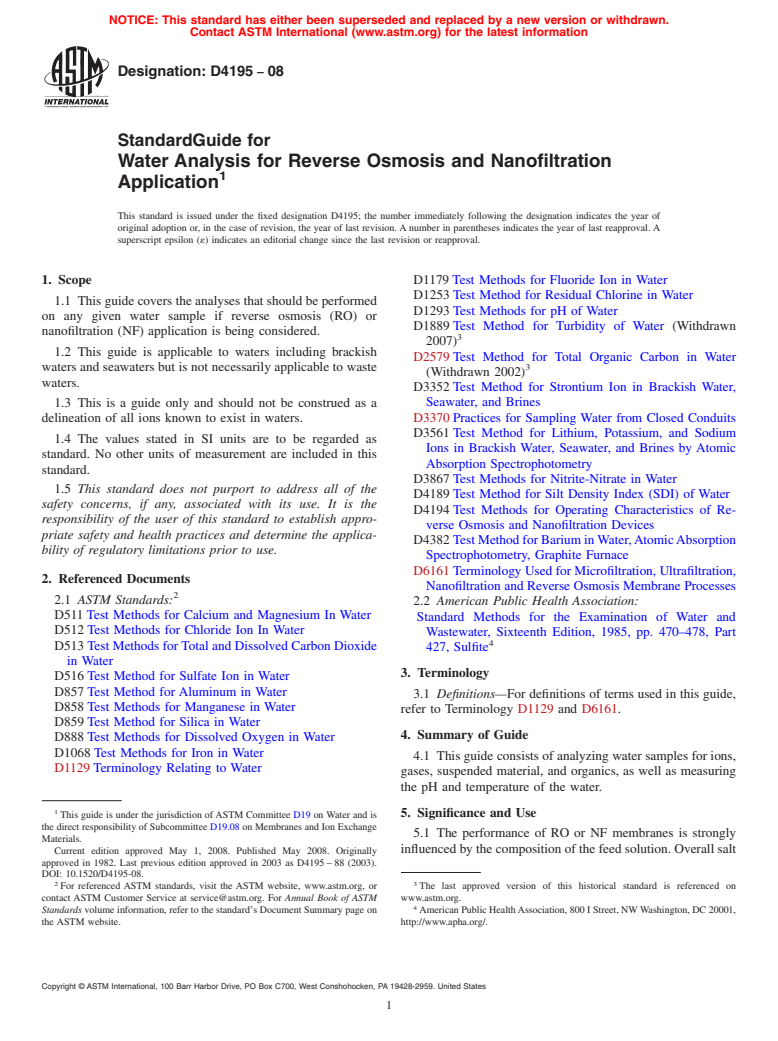 ASTM D4195-08 - Standard Guide for  Water Analysis for Reverse Osmosis and Nanofiltration Application