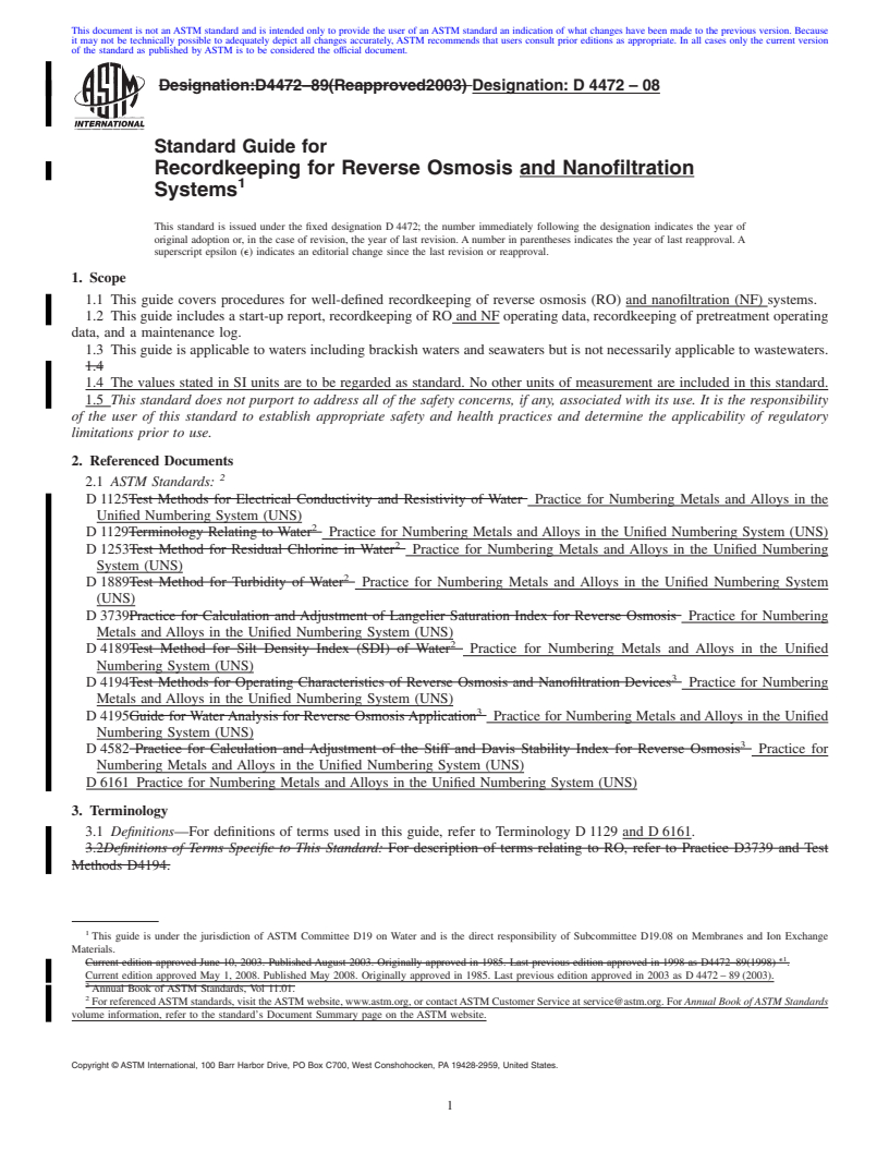 REDLINE ASTM D4472-08 - Standard Guide for  Recordkeeping for Reverse Osmosis and Nanofiltration Systems