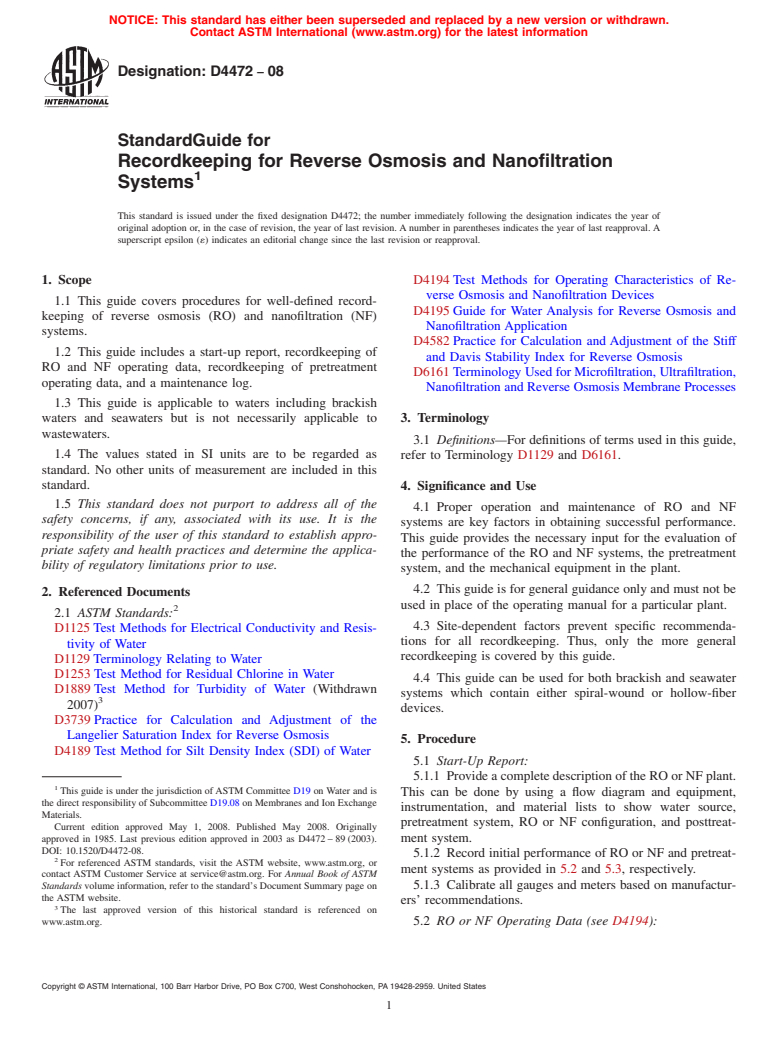 ASTM D4472-08 - Standard Guide for  Recordkeeping for Reverse Osmosis and Nanofiltration Systems