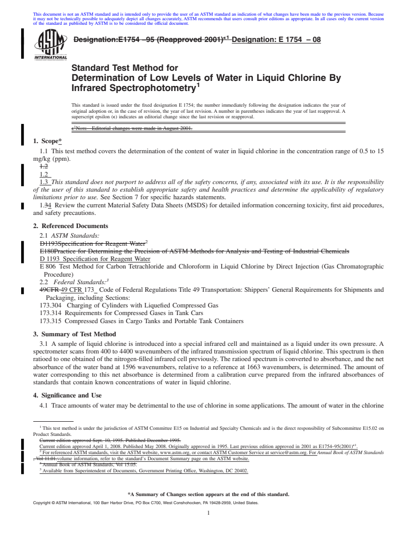 REDLINE ASTM E1754-08 - Standard Test Method for  Determination of Low Levels of Water in Liquid Chlorine By Infrared Spectrophotometry