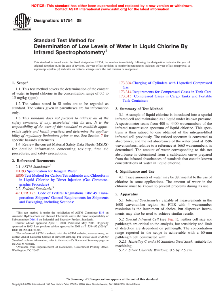 ASTM E1754-08 - Standard Test Method for  Determination of Low Levels of Water in Liquid Chlorine By Infrared Spectrophotometry