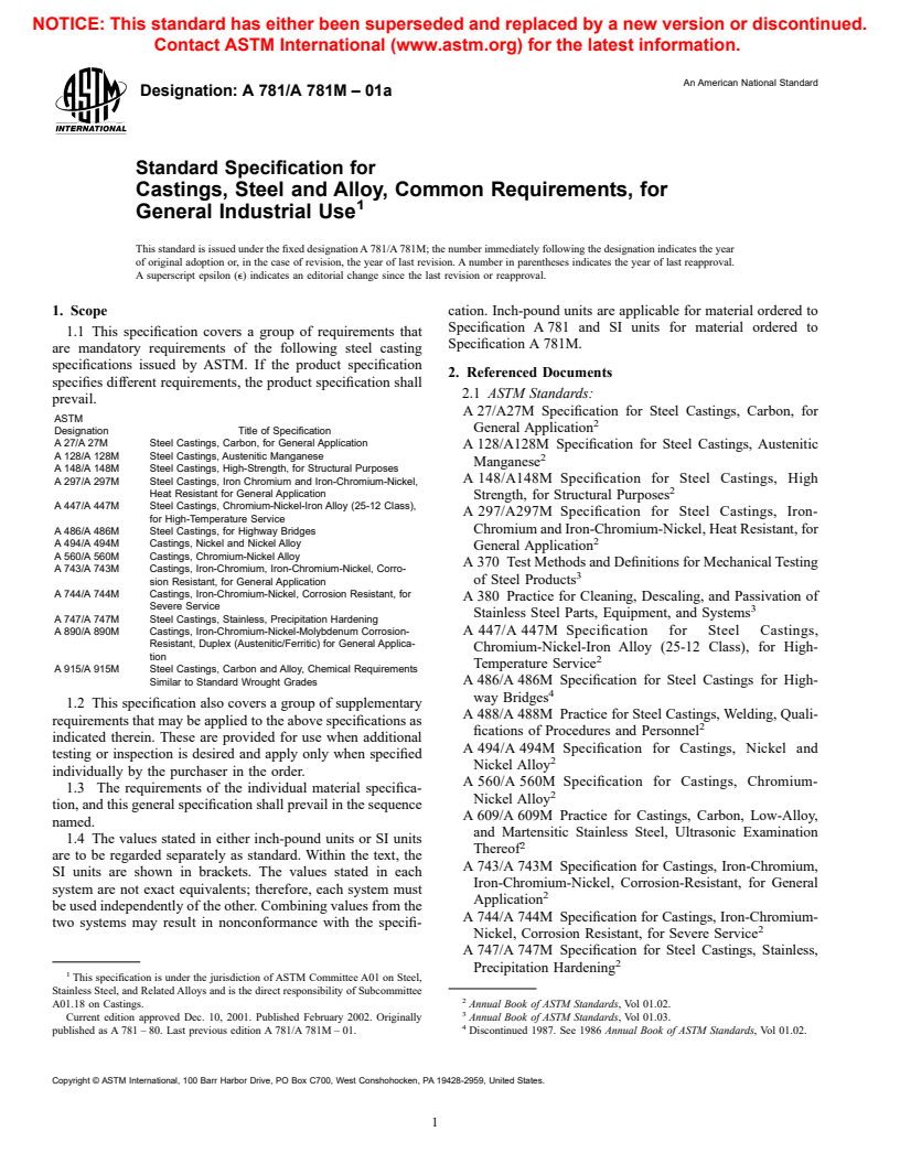 ASTM A781/A781M-01a - Standard Specification for Castings, Steel and Alloy, Common Requirements, for General Industrial Use