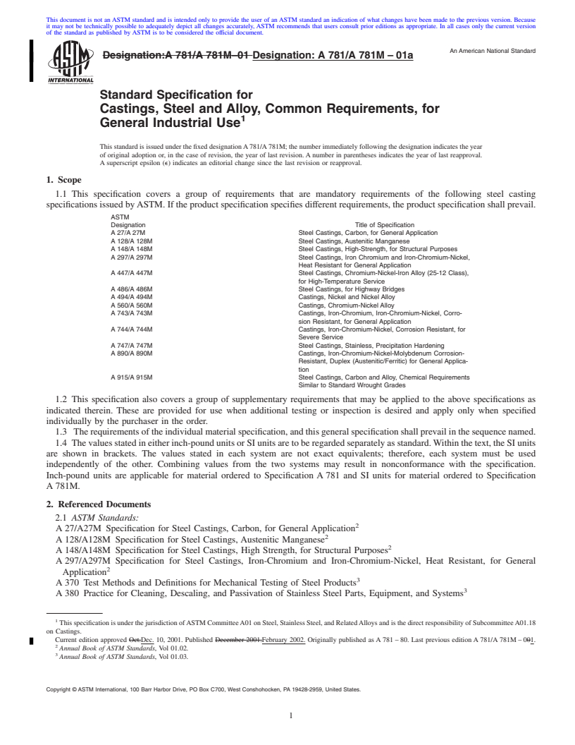 REDLINE ASTM A781/A781M-01a - Standard Specification for Castings, Steel and Alloy, Common Requirements, for General Industrial Use