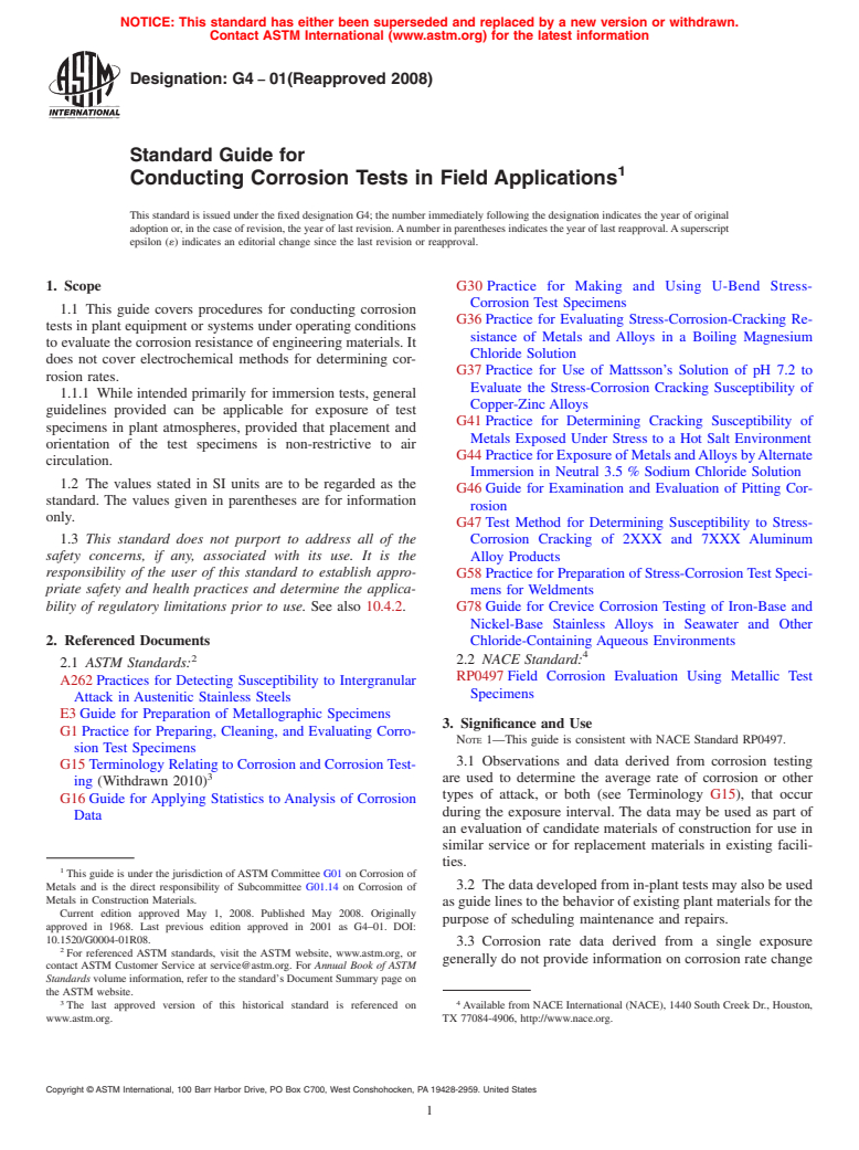 ASTM G4-01(2008) - Standard Guide for Conducting Corrosion Tests in Field Applications