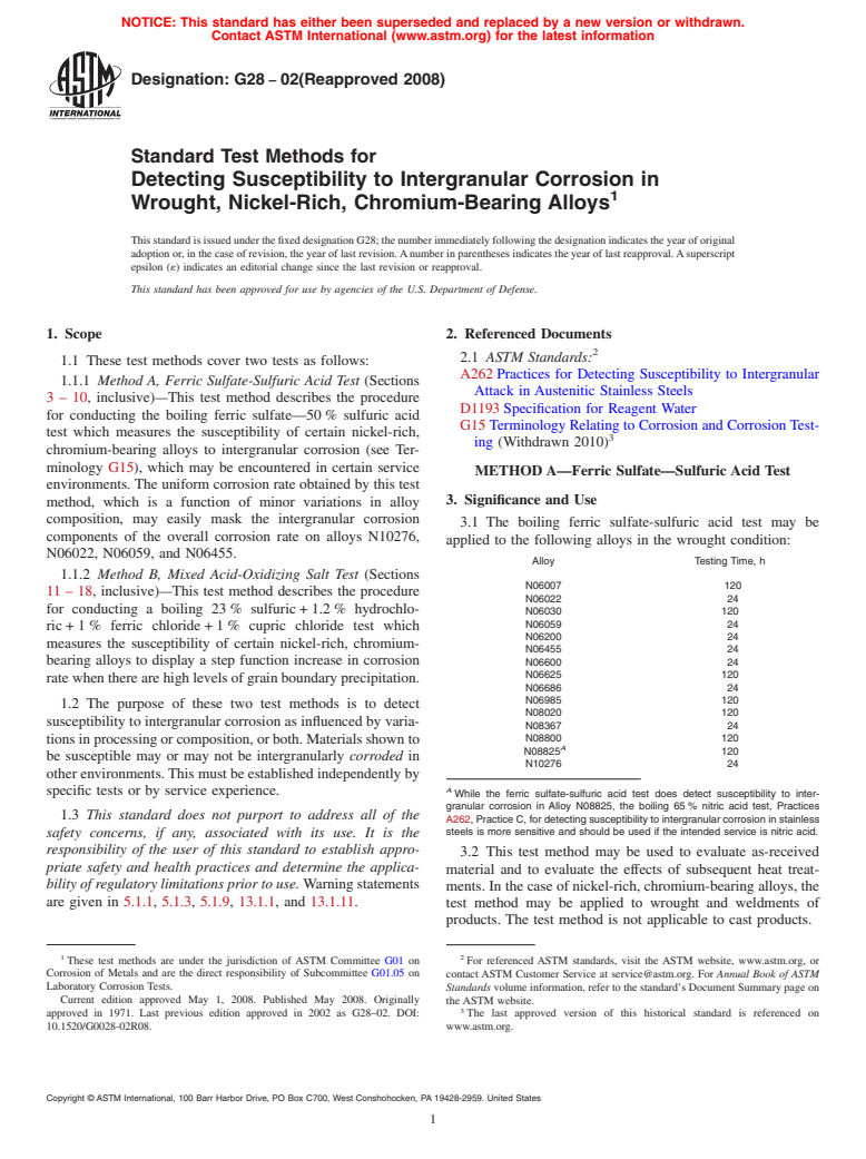 ASTM G28-02(2008) - Standard Test Methods for Detecting Susceptibility to Intergranular Corrosion in Wrought, Nickel-Rich, Chromium-Bearing Alloys