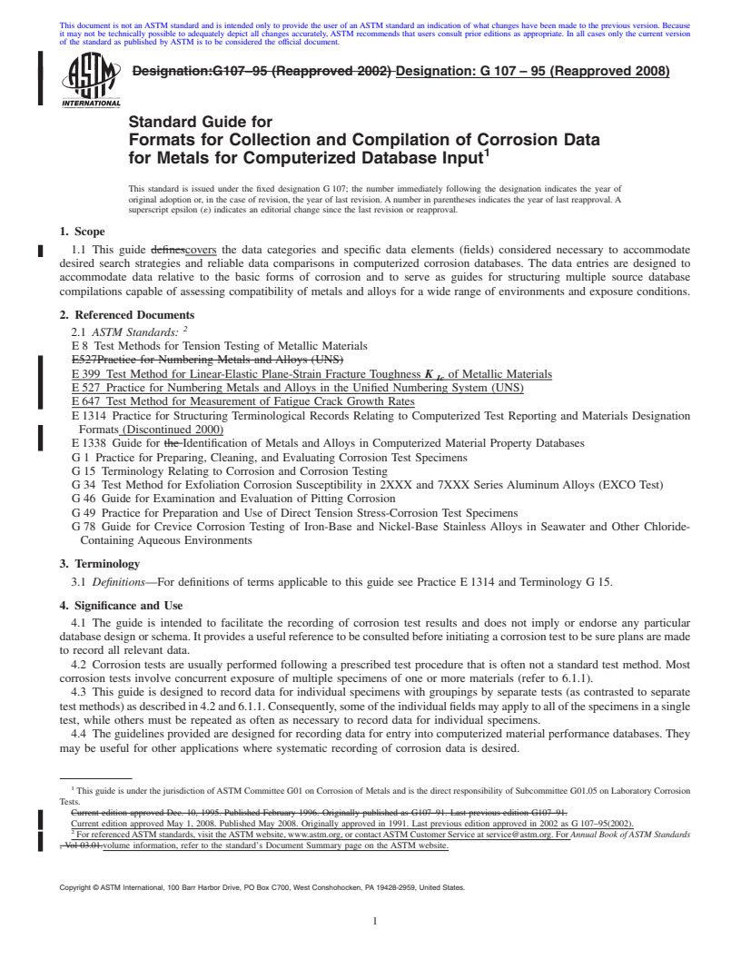 REDLINE ASTM G107-95(2008) - Standard Guide for Formats for Collection and Compilation of Corrosion Data for Metals for Computerized Database Input