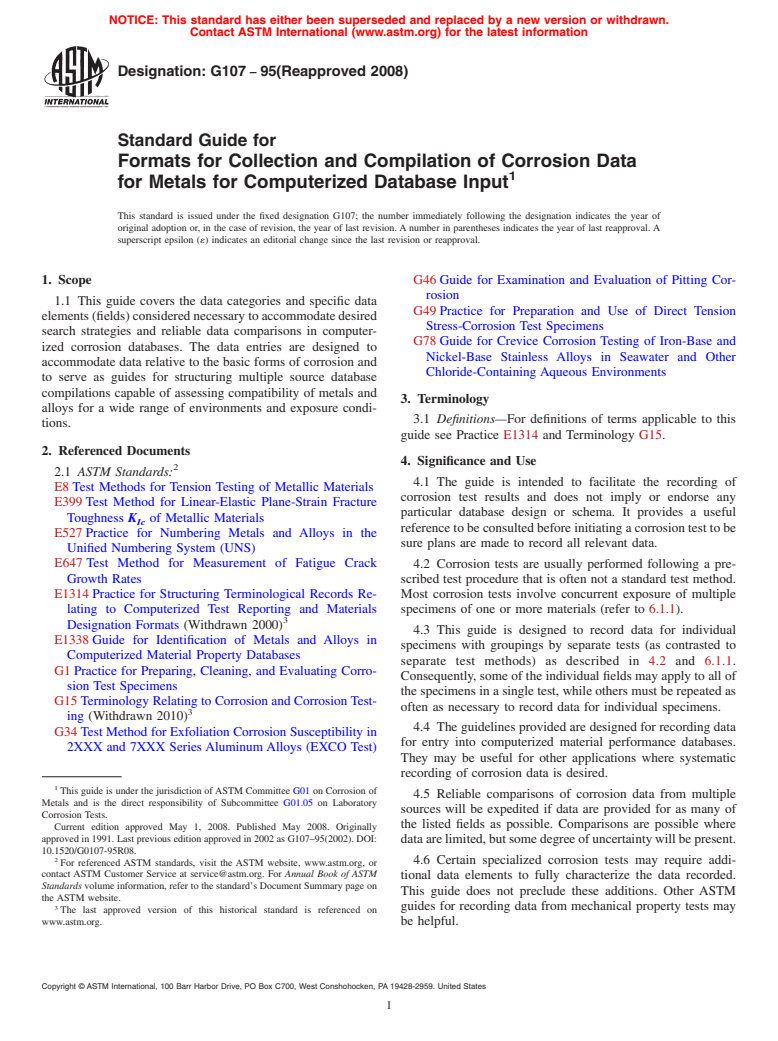 ASTM G107-95(2008) - Standard Guide for Formats for Collection and Compilation of Corrosion Data for Metals for Computerized Database Input