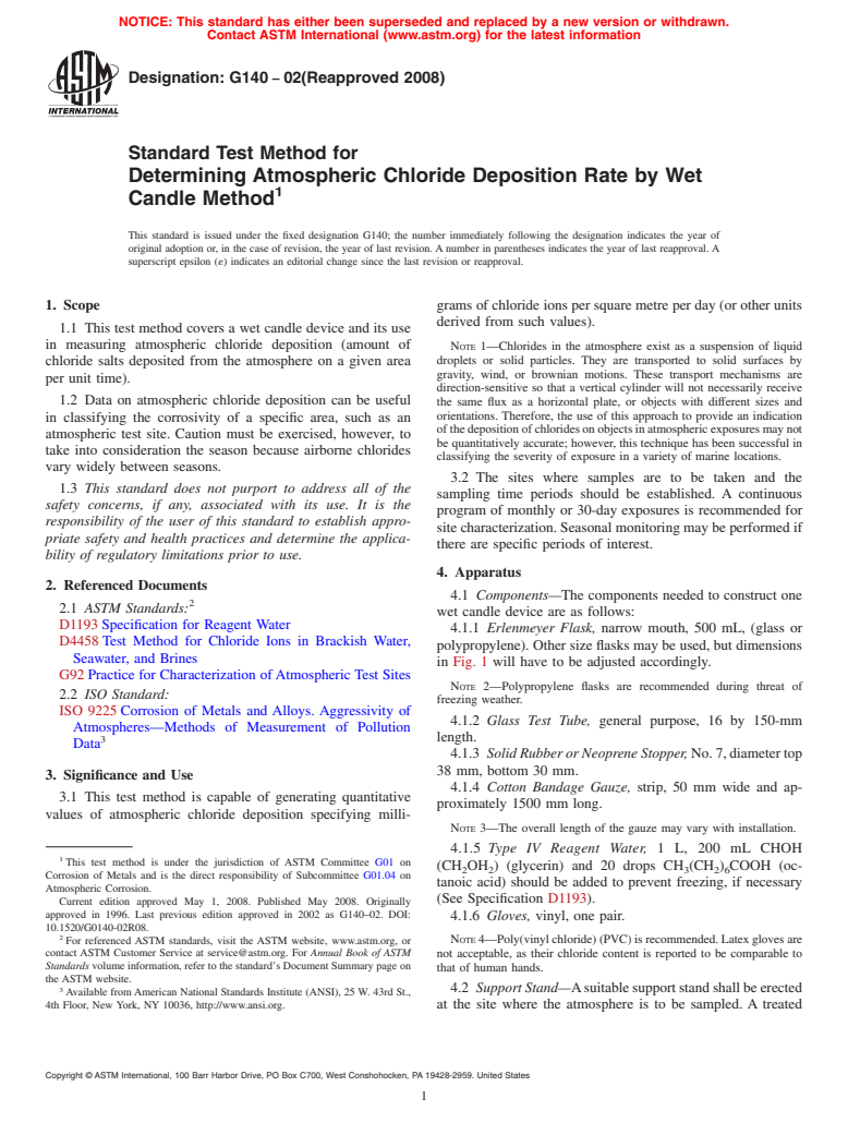 ASTM G140-02(2008) - Standard Test Method for Determining Atmospheric Chloride Deposition Rate by Wet Candle Method