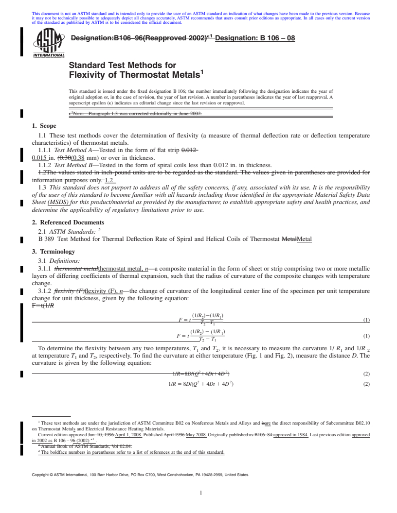 REDLINE ASTM B106-08 - Standard Test Methods for Flexivity of Thermostat Metals